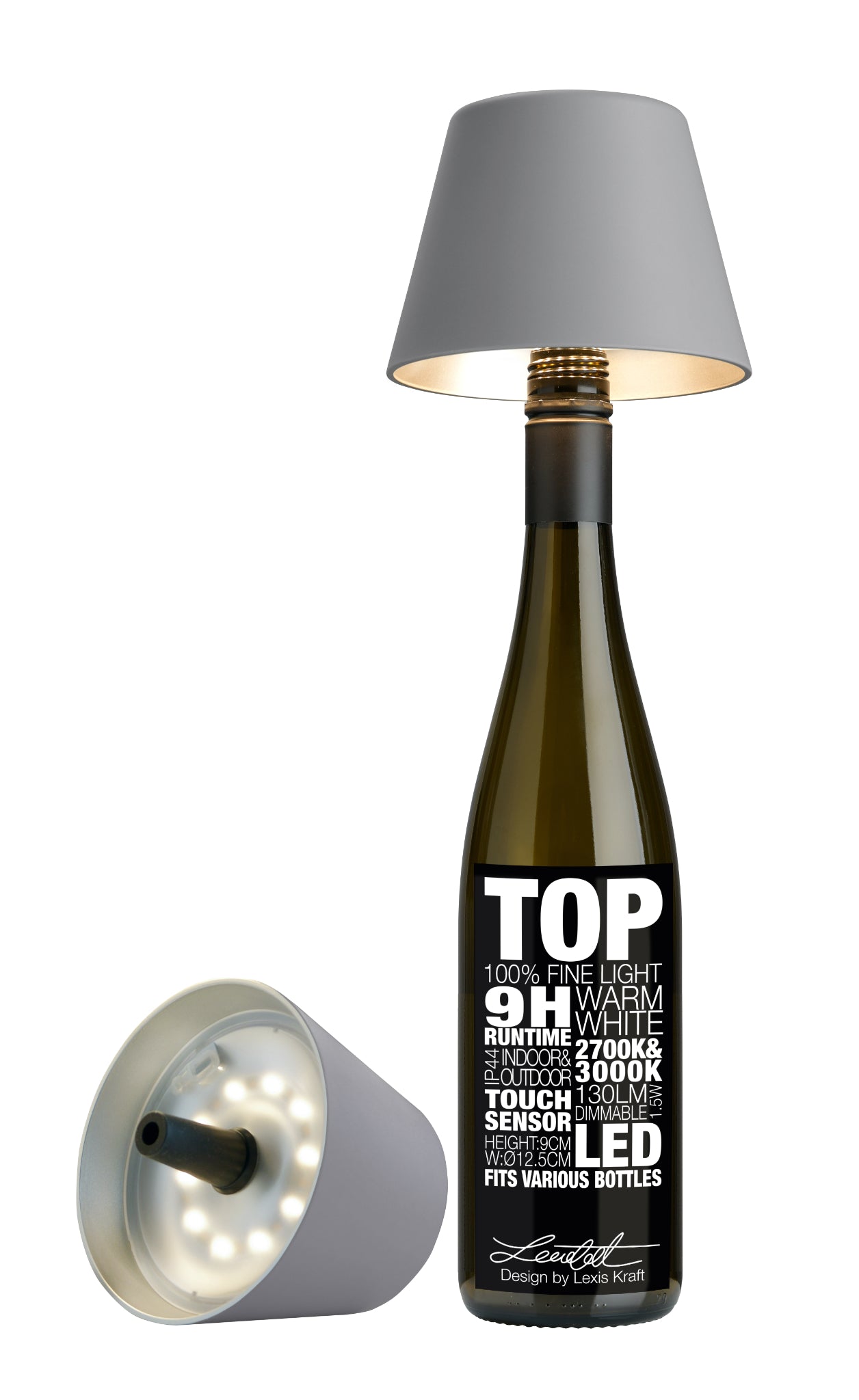 Graue Sompex TOP 2.0 Flaschenleuchte mit Akku für weißes und farbiges Licht