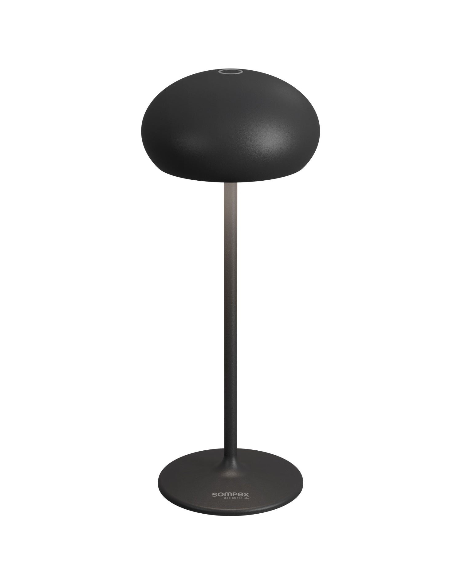 Sompex Pebble schwarze Akkutischleuchte mit rundem Retro-Schirm aus Aluminium, kabellos unf dimmbar – für drinnen und draußen