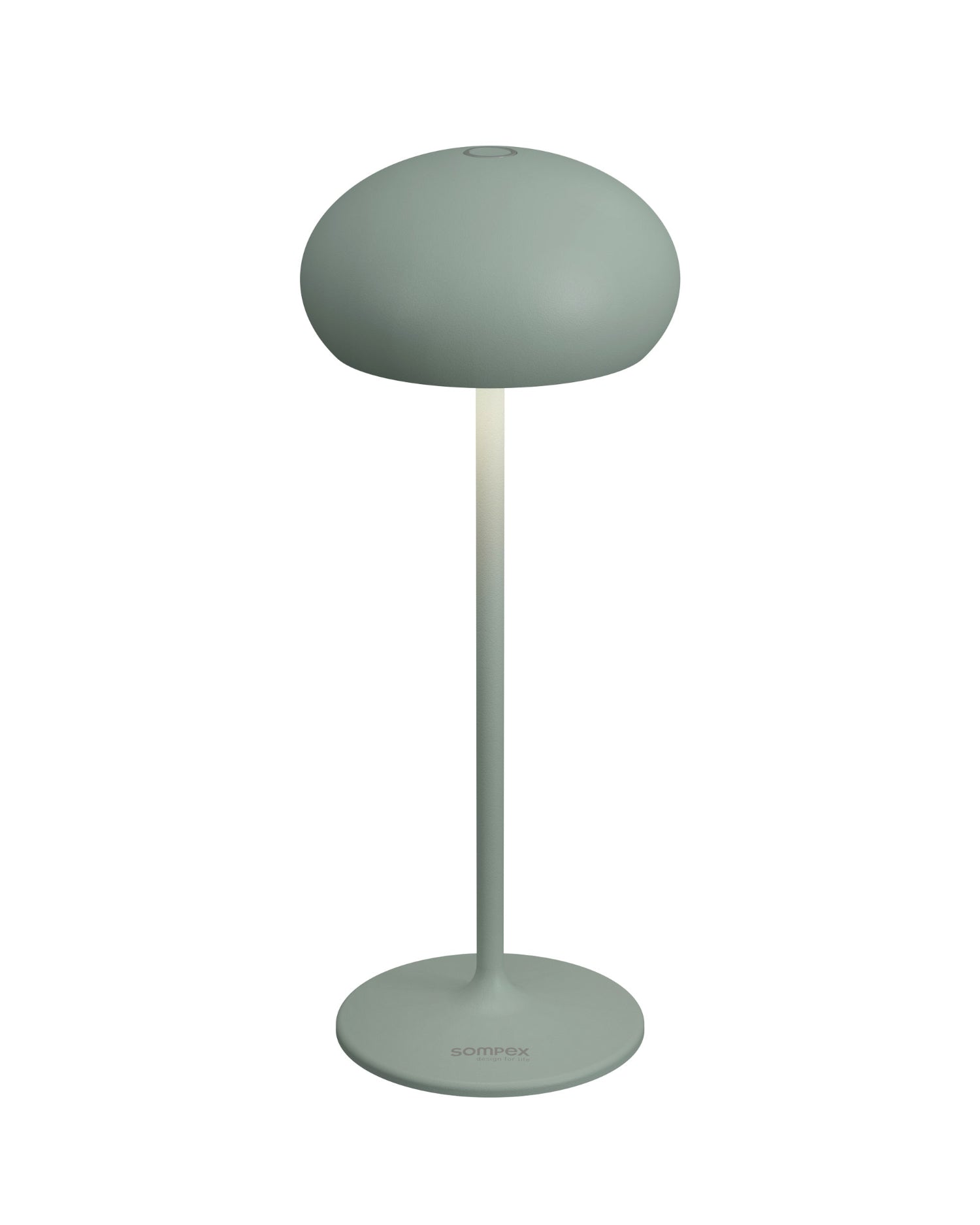 Sompex Pebble olivgrüne Akkutischleuchte mit rundem Retro-Schirm aus Aluminium, kabellos unf dimmbar – für drinnen und draußen