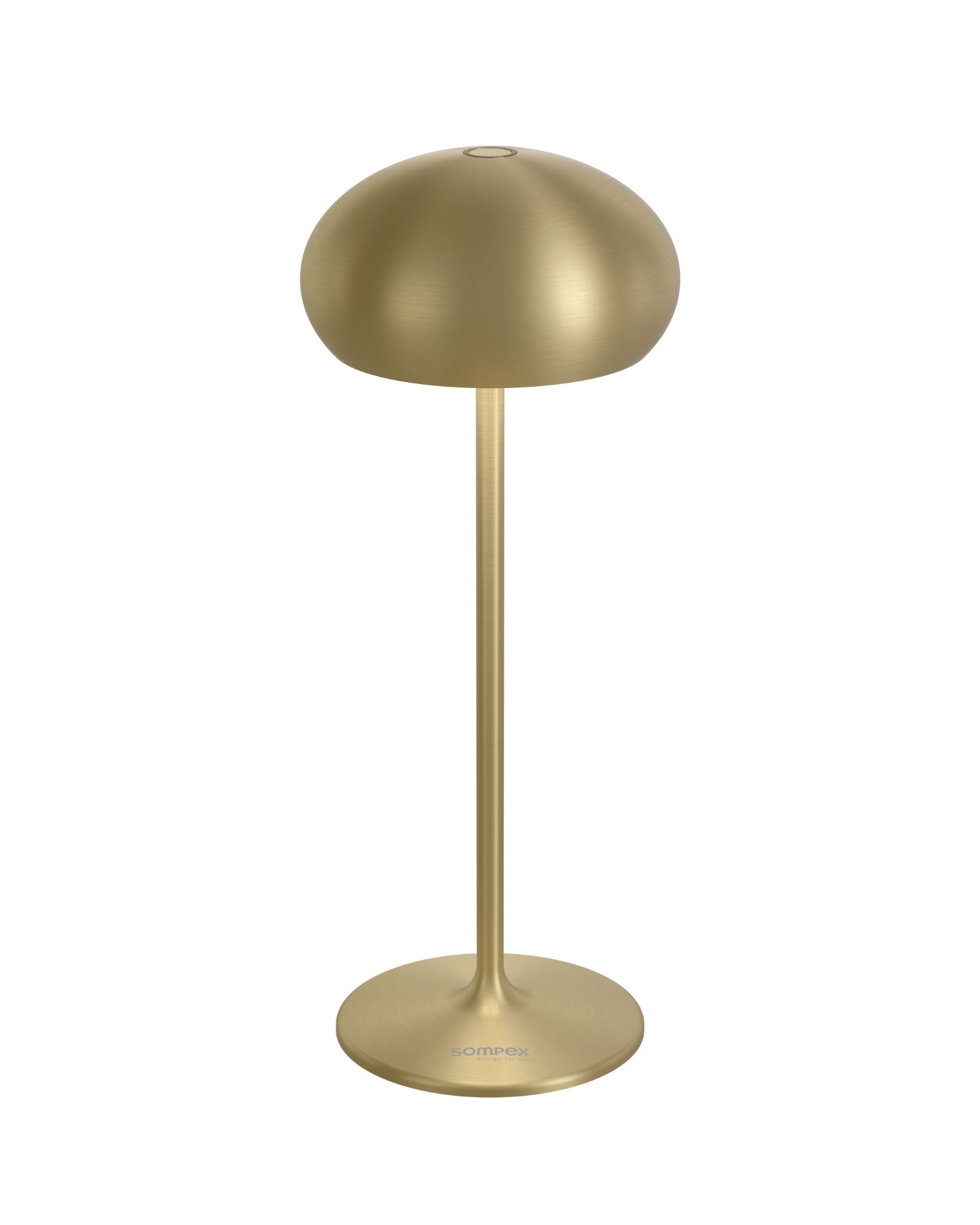 Sompex Pebble Akkutischleuchte mit rundem Retro-Schirm aus Aluminium in Gold gebürstet, kabellos unf dimmbar – für drinnen und draußen