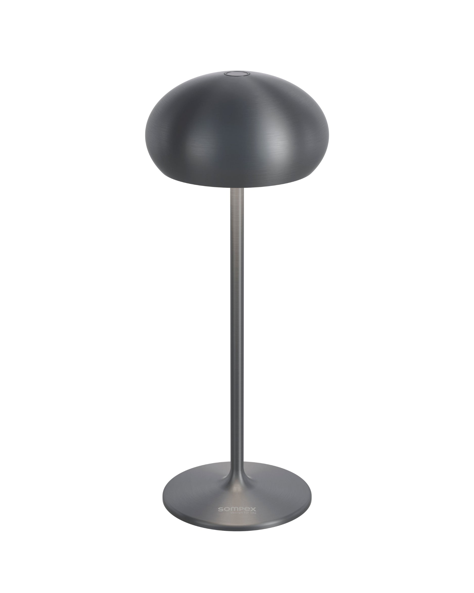 Sompex Pebble weiße Akkutischleuchte mit rundem Retro-Schirm aus Aluminium in Graphit gebürstet, kabellos unf dimmbar – für drinnen und draußen