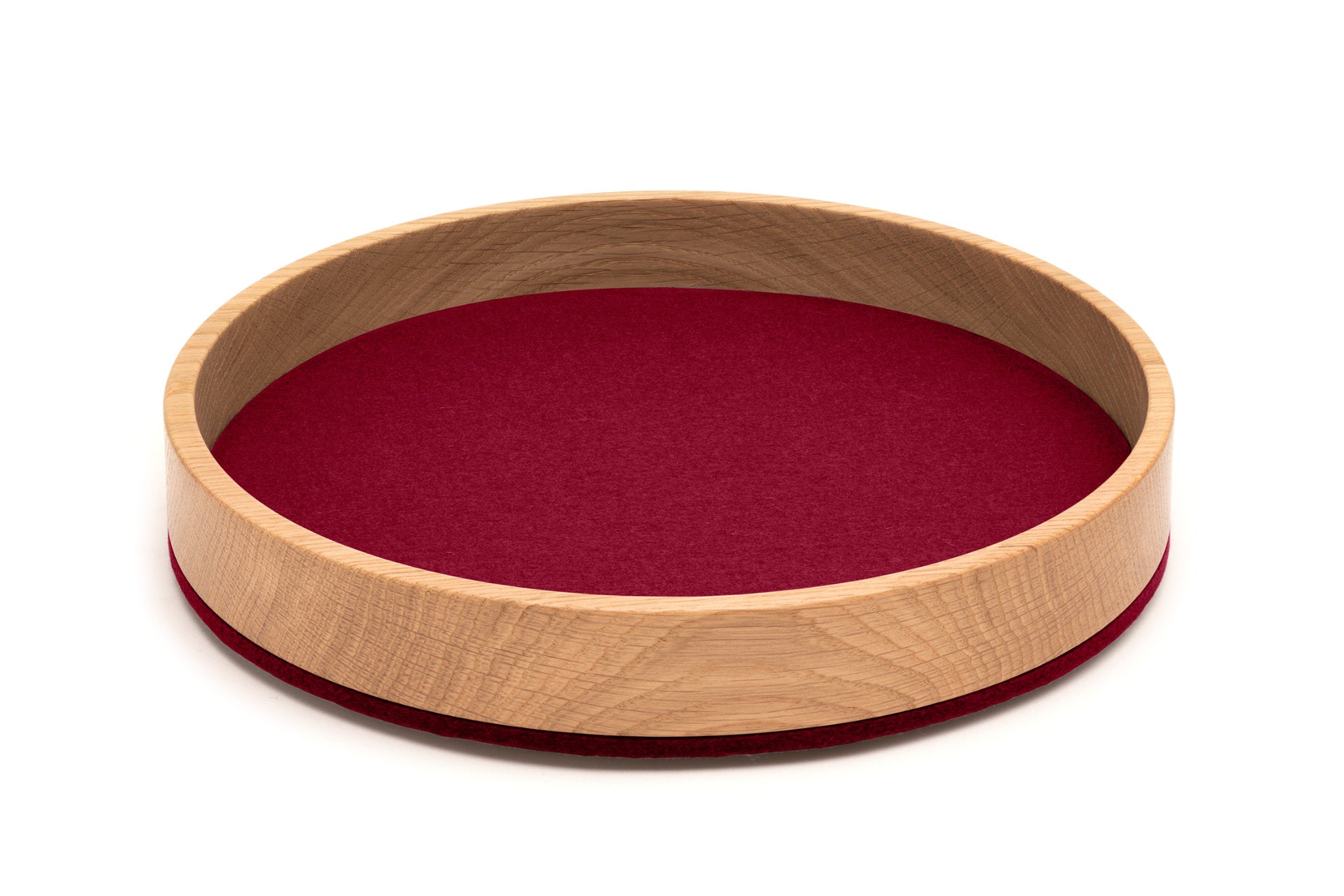 Rundes Tablett Bowl M von Hey-Sign aus Eichenholz und Wollfilz in der Farbe Bordeaux