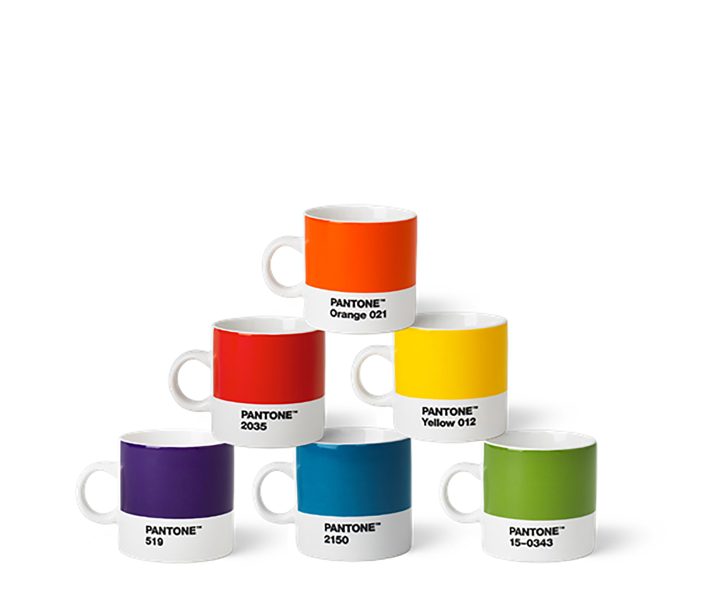 Espressotassen-Set 1 von Pantone in Orange, Rot, Gelb, Violett, Blau und Grün
