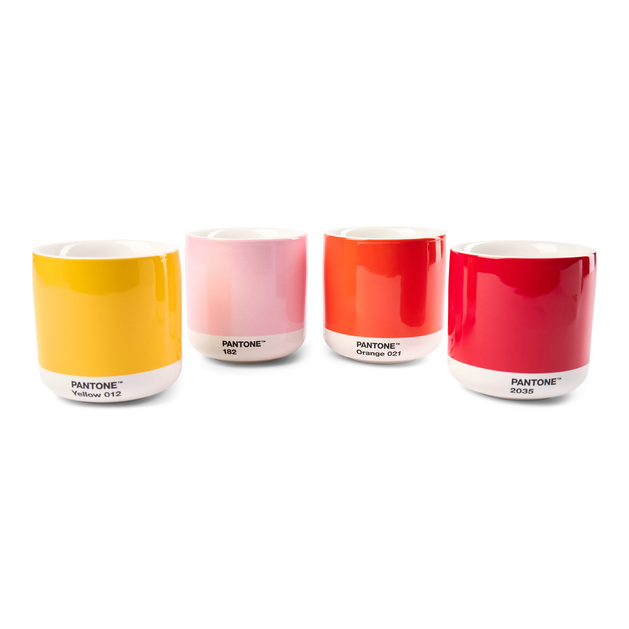 Latte Macchiato Set aus 4 doppelwandigen Porzellanbechern ohne Henkel in Pantone Farben Yellow 012, Light Pink 182, Orange 021 und Red 2035