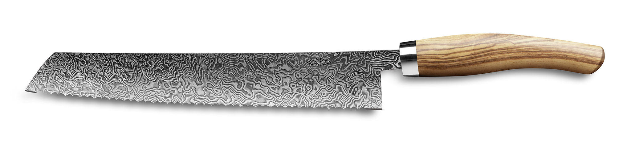 Brotmesser Exklusiv C90 von Nesmuk 180 mm mit Klinge aus handgeschmiedetem wildem Damast und Griff aus Olivenholz